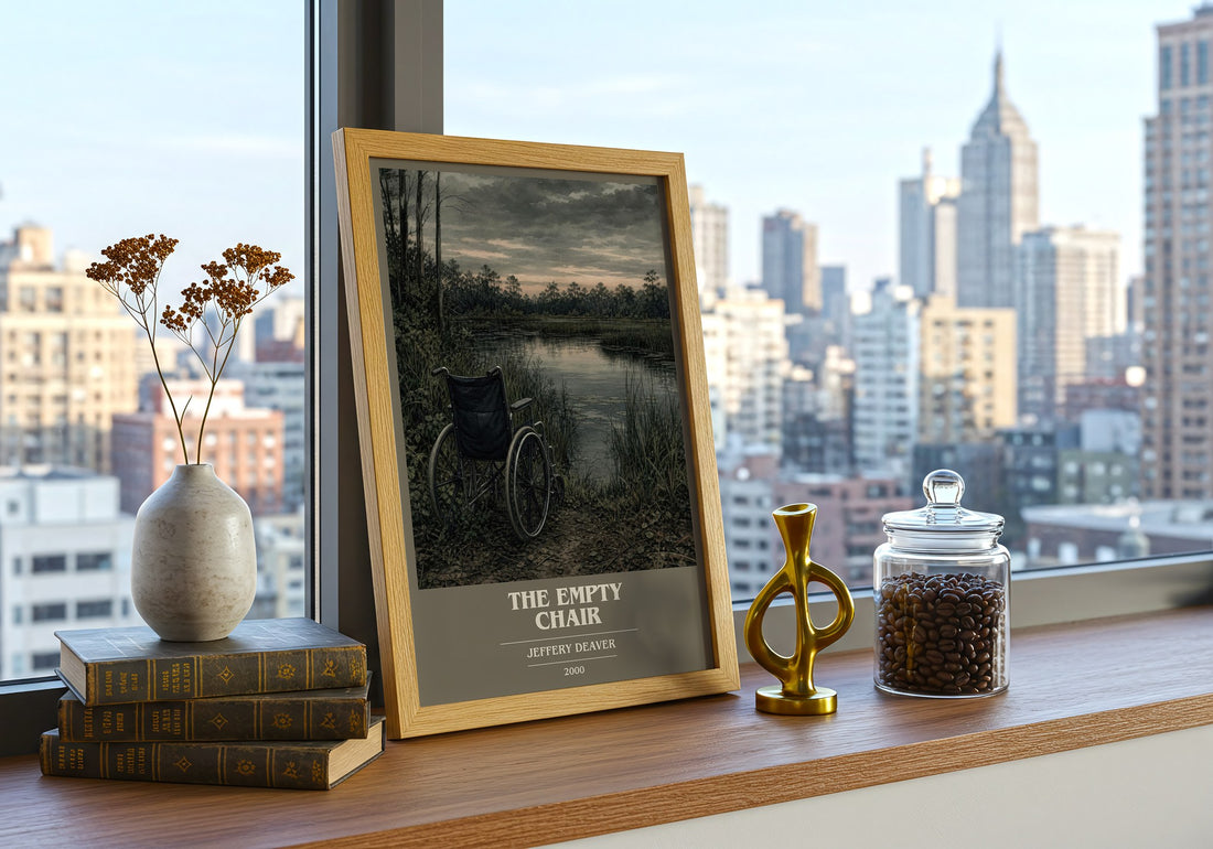 The Empty Chair book cover print framed by window – literary home decor