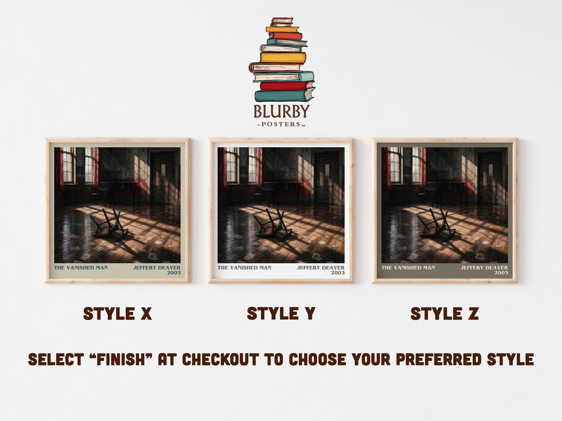 The Vanished Man literary print in frame leaning in hallway – thriller wall art (mockup)