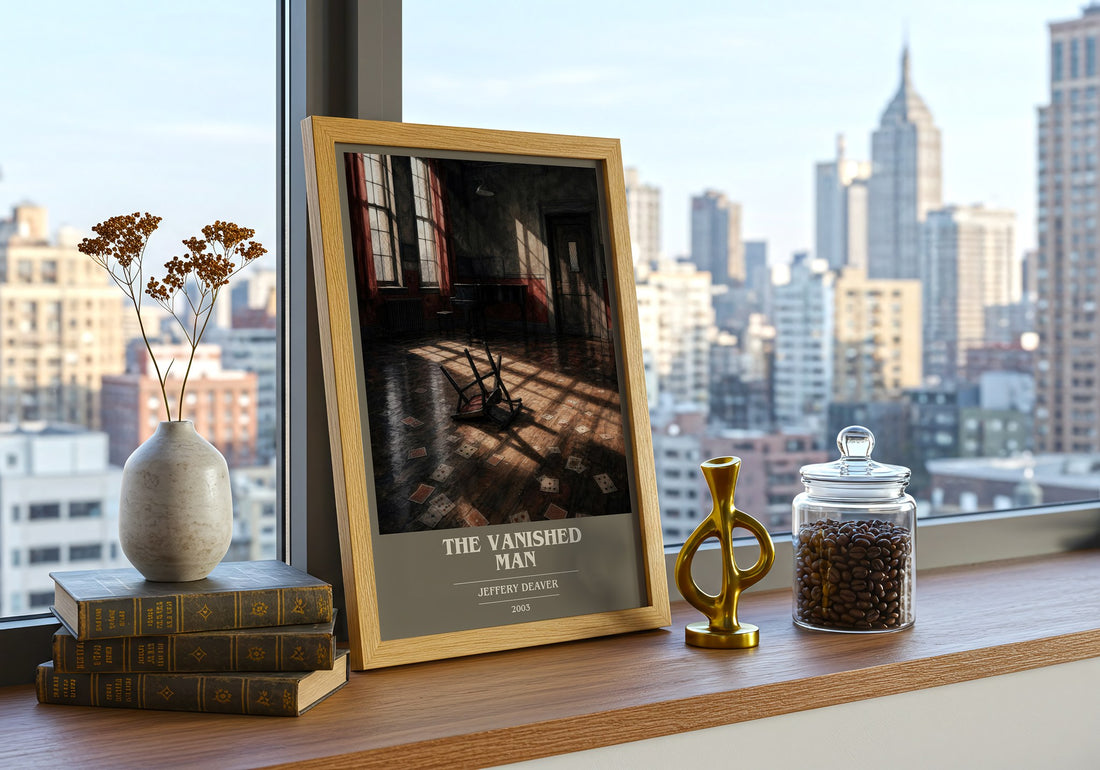 The Vanished Man book cover print framed by window – literary home decor