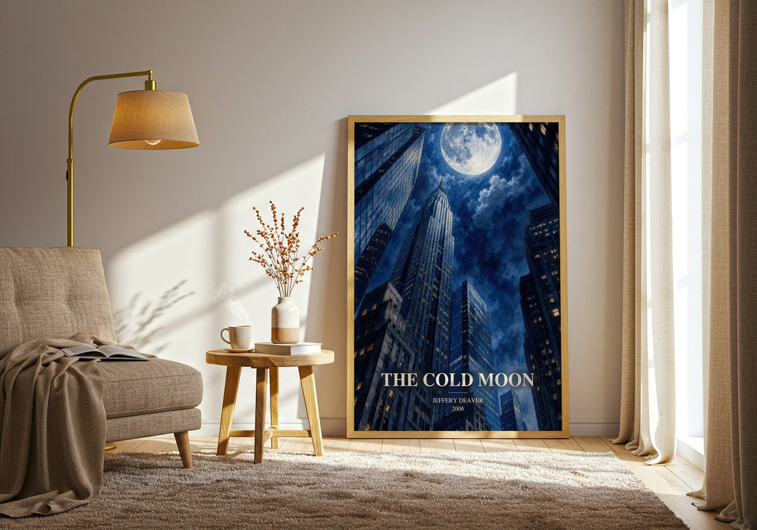 The Cold Moon watercolour print in frame leaning in hallway – thriller wall art (mockup)