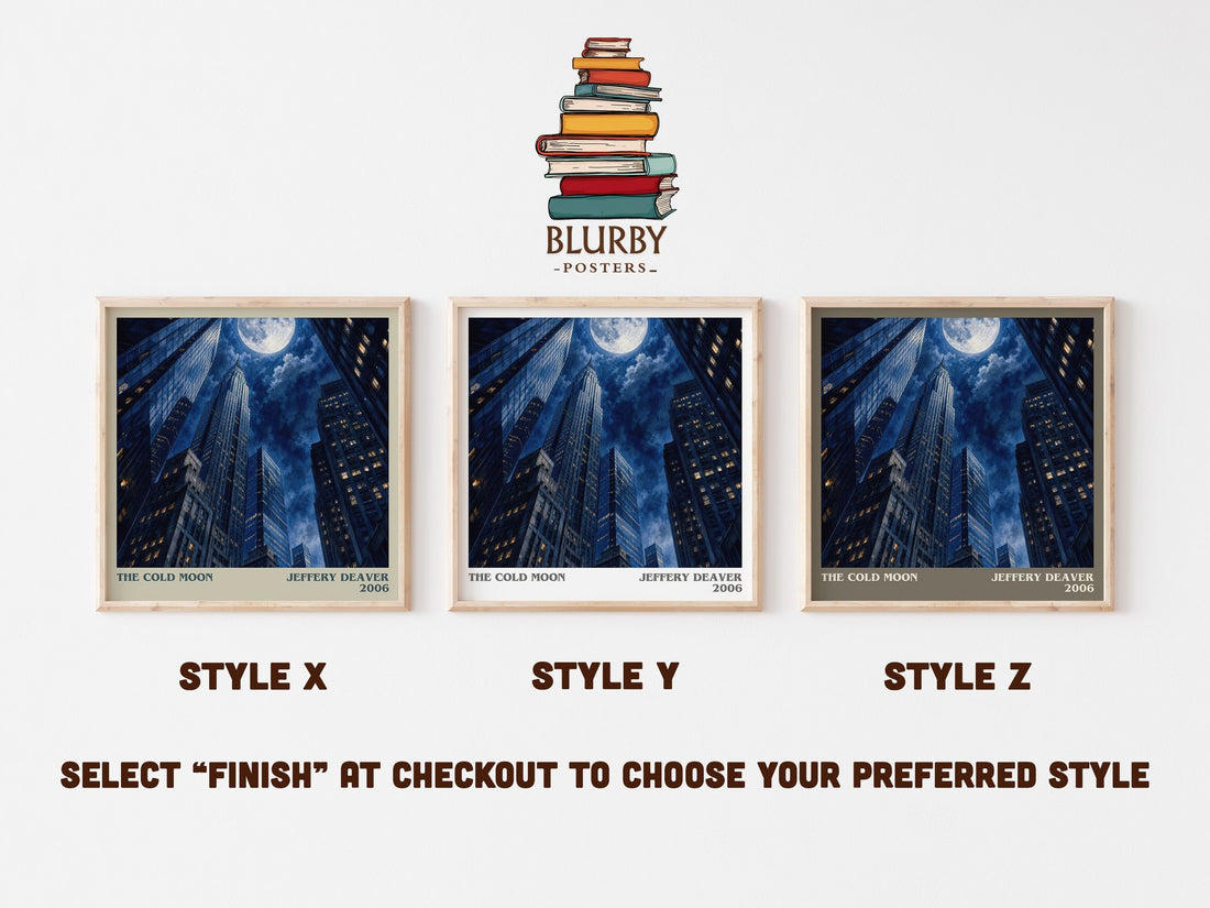 The Cold Moon literary print in frame leaning in hallway – thriller wall art (mockup)