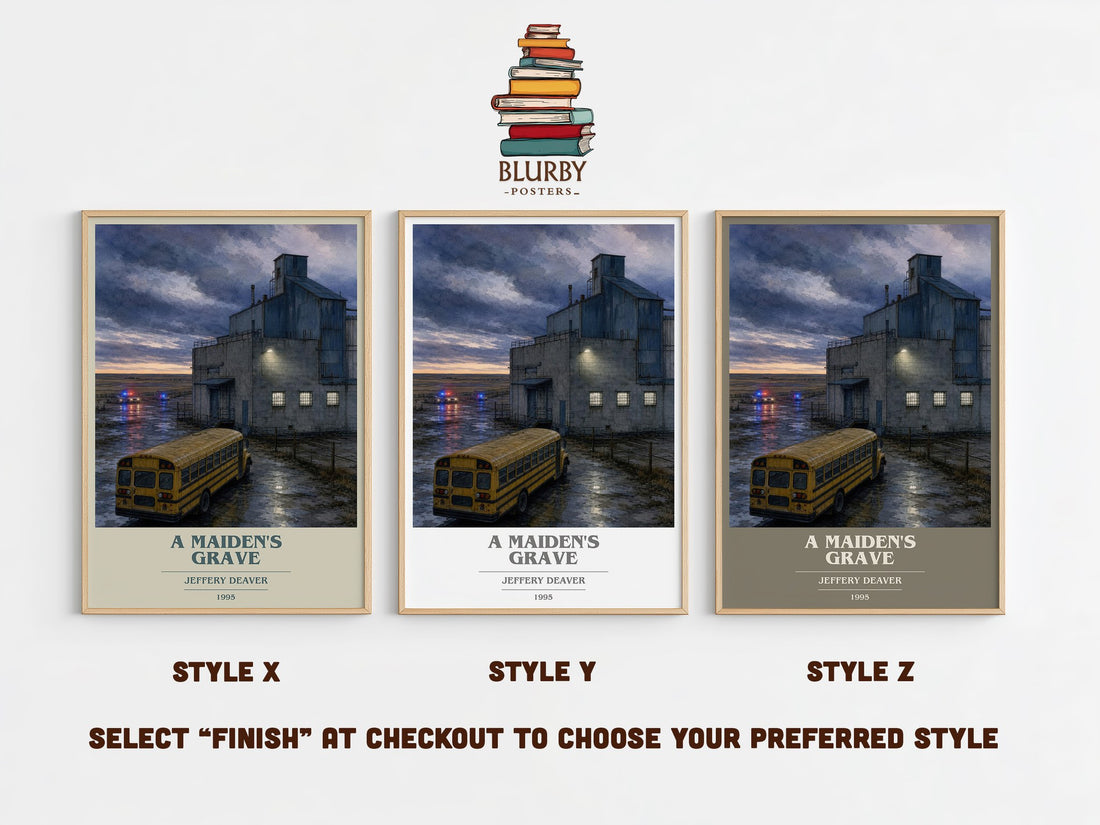 A Maiden's Grave book cover print in frame leaning in hallway – thriller wall art (mockup)