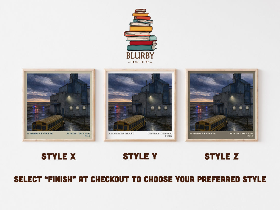 A Maiden's Grave literary print in frame leaning in hallway – thriller wall art (mockup)