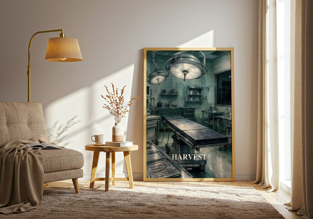 Harvest watercolour print in frame leaning in hallway – thriller wall art (mockup)
