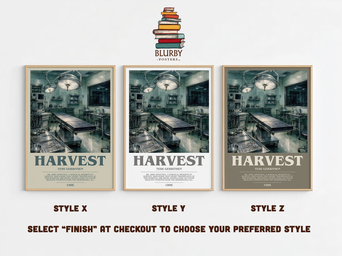 Harvest bookish print in frame leaning in hallway – thriller wall art (mockup)