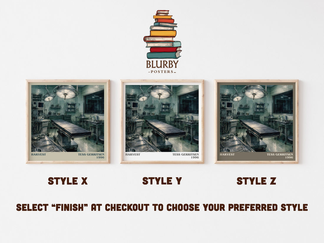 Harvest literary print in frame leaning in hallway – thriller wall art (mockup)