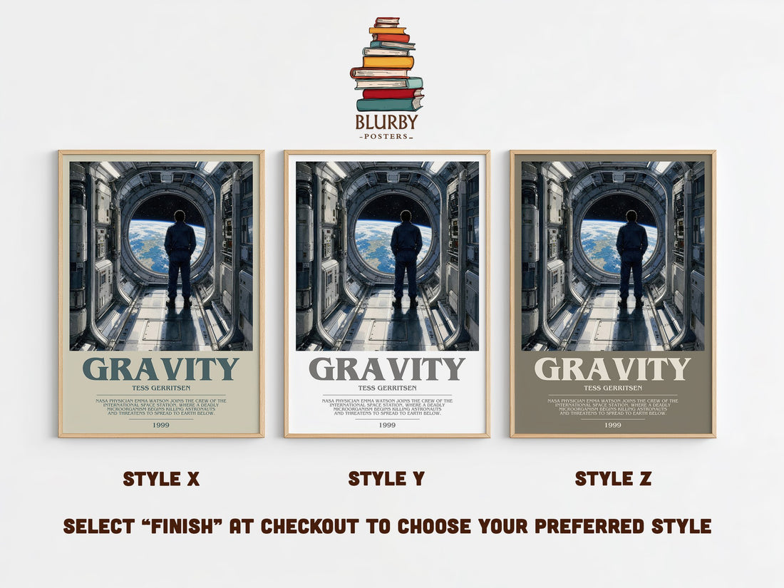 Gravity bookish print in frame leaning in hallway – thriller wall art (mockup)