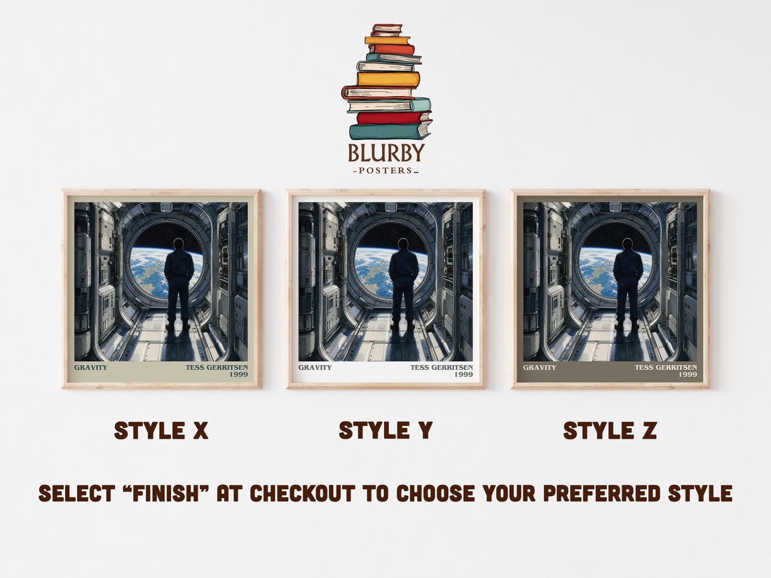 Gravity literary print in frame leaning in hallway – thriller wall art (mockup)