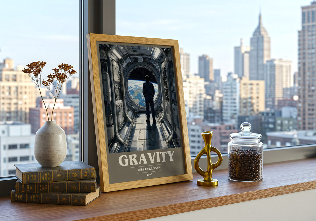 Gravity book cover print framed by window – literary home decor