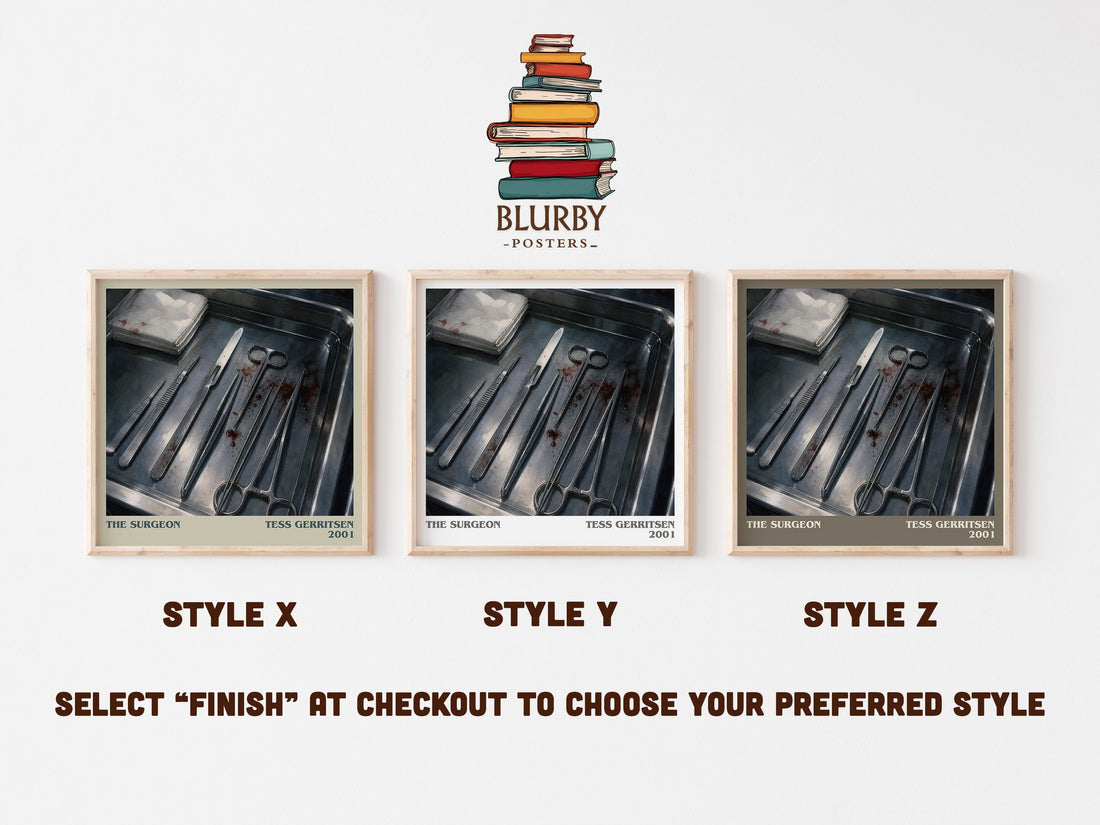 The Surgeon literary print in frame leaning in hallway – thriller wall art (mockup)