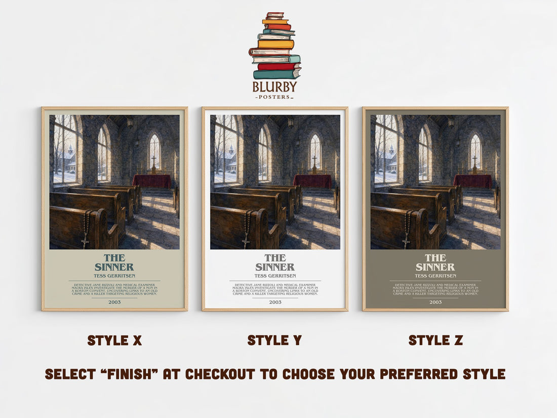 The Sinner bookish print in frame leaning in hallway – crime wall art (mockup)