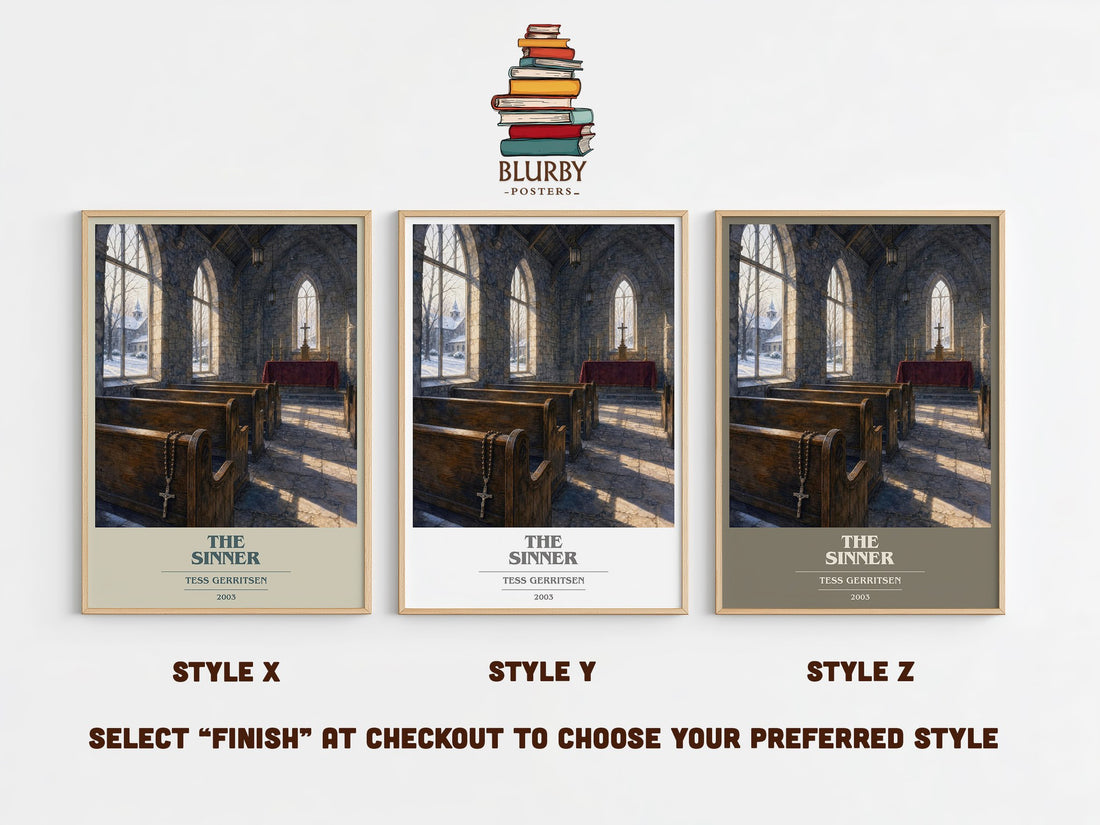 The Sinner book cover print in frame leaning in hallway – crime wall art (mockup)