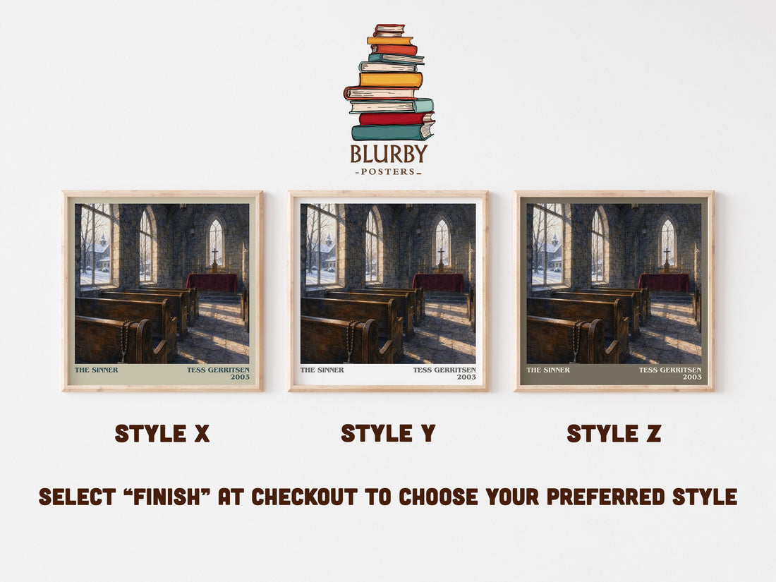 The Sinner literary print in frame leaning in hallway – crime wall art (mockup)