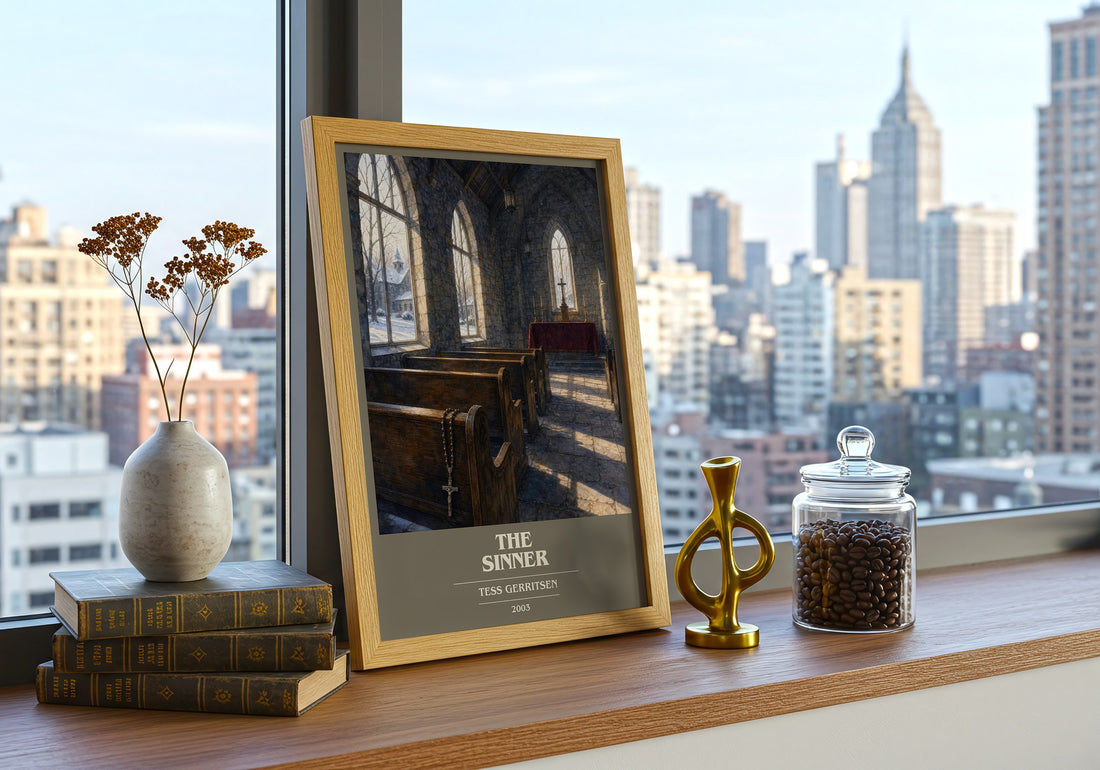 The Sinner book cover print framed by window – literary home decor