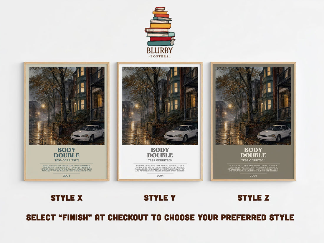 Body Double bookish print in frame leaning in hallway – thriller wall art (mockup)