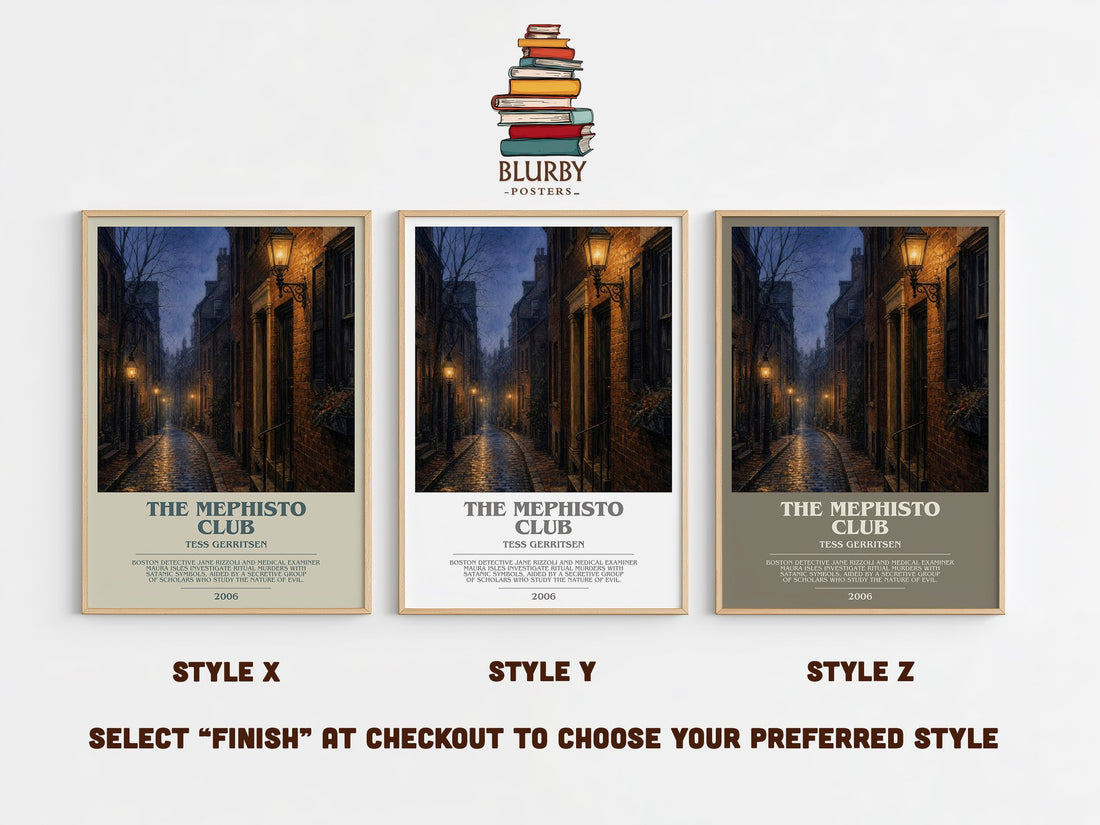 The Mephisto Club bookish print in frame leaning in hallway – thriller wall art (mockup)