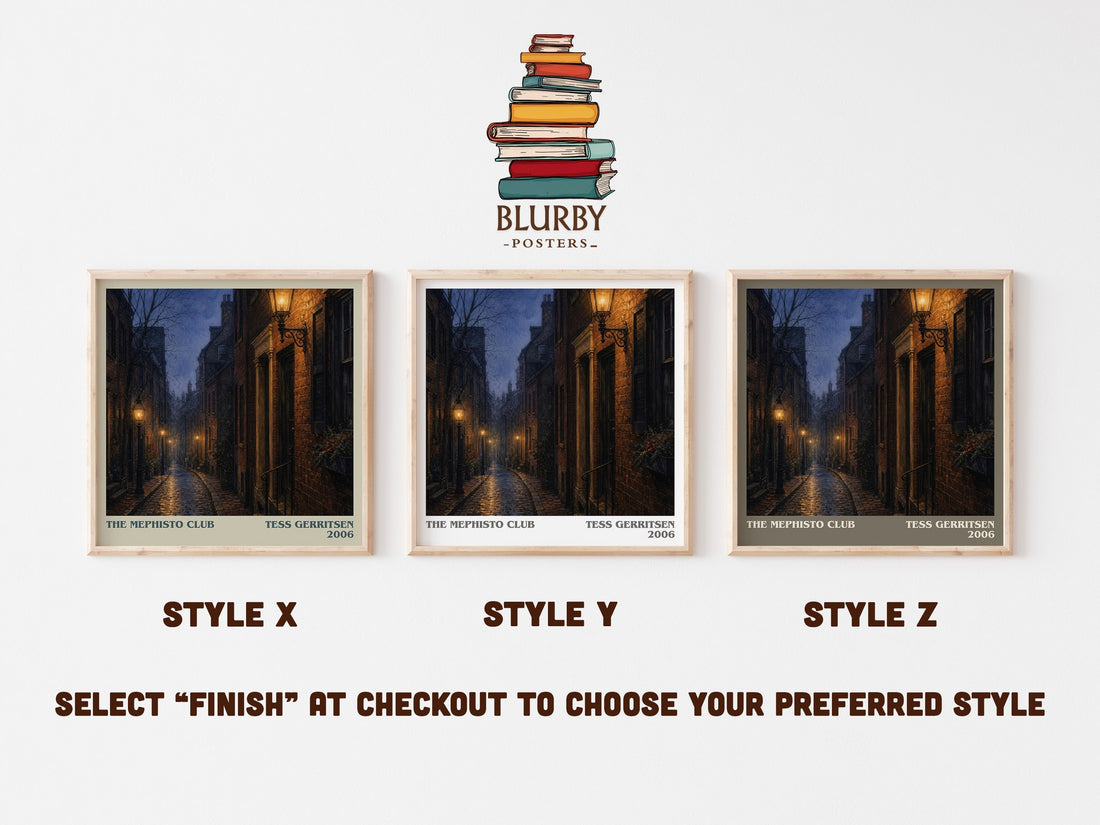 The Mephisto Club literary print in frame leaning in hallway – thriller wall art (mockup)