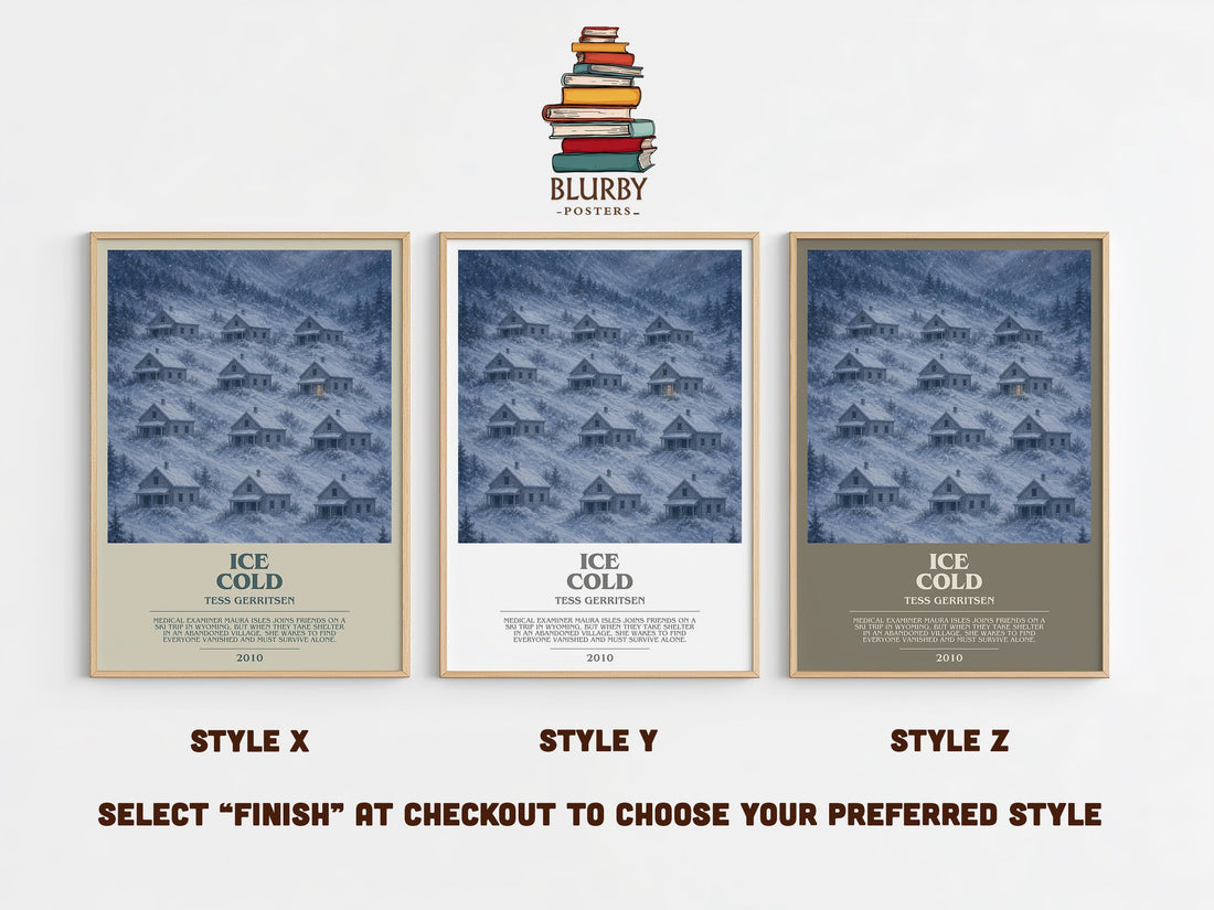 Ice Cold bookish print in frame leaning in hallway – thriller wall art (mockup)