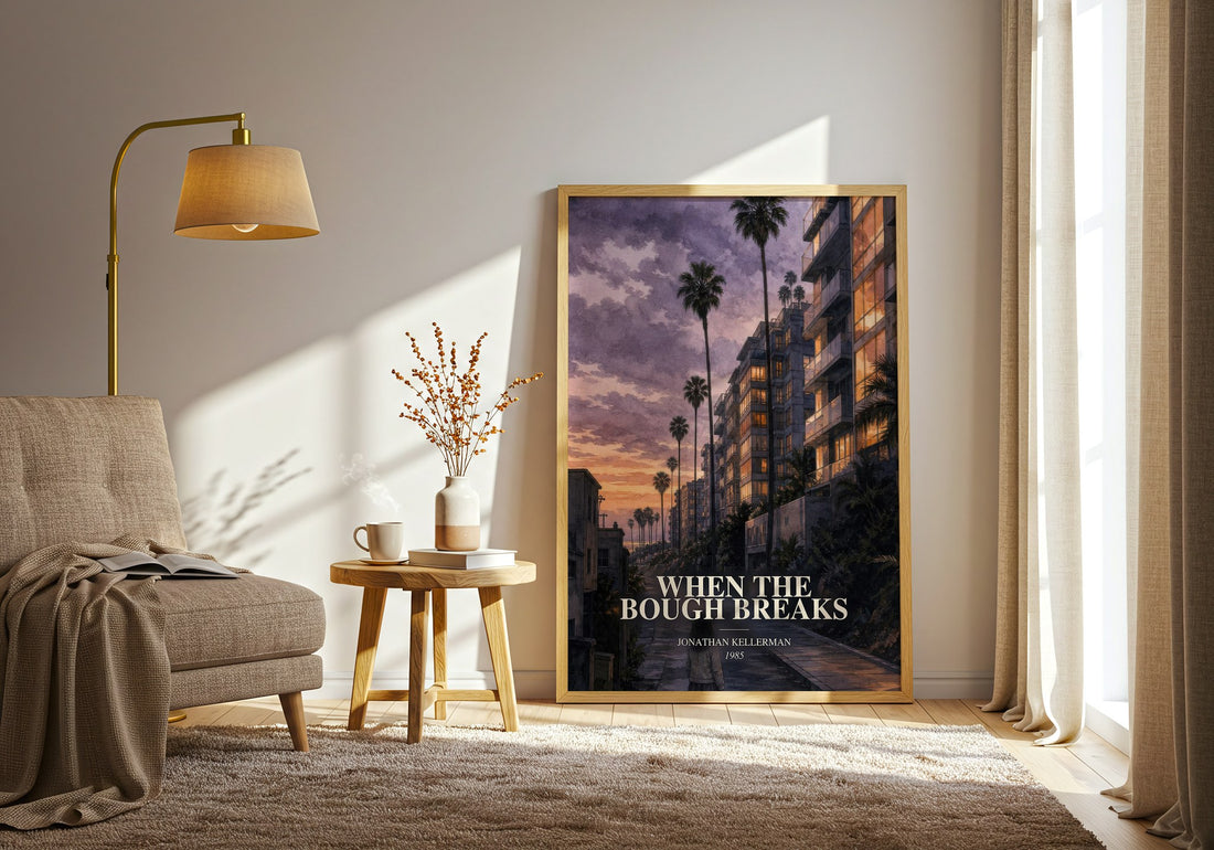 When the Bough Breaks watercolour print in frame leaning in hallway – thriller wall art (mockup)