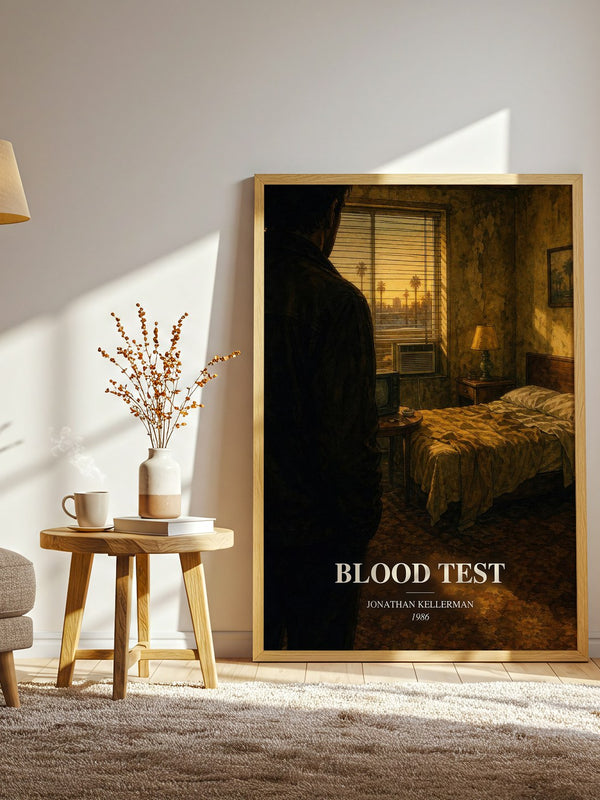 Blood Test watercolour print in frame leaning in hallway – mystery wall art