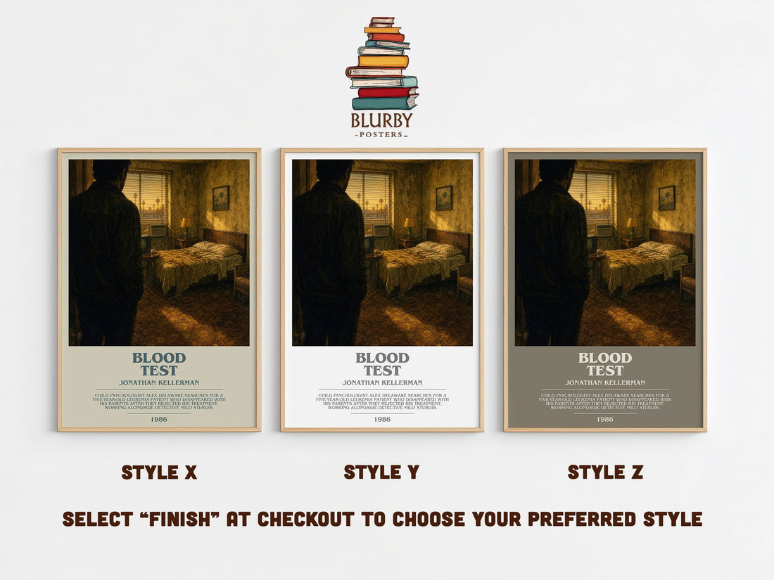 Blood Test bookish print in frame leaning in hallway – mystery wall art (mockup)