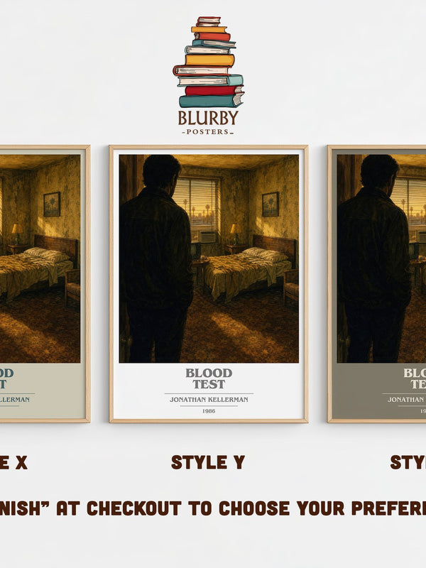 Blood Test book cover print in frame leaning in hallway – mystery wall art