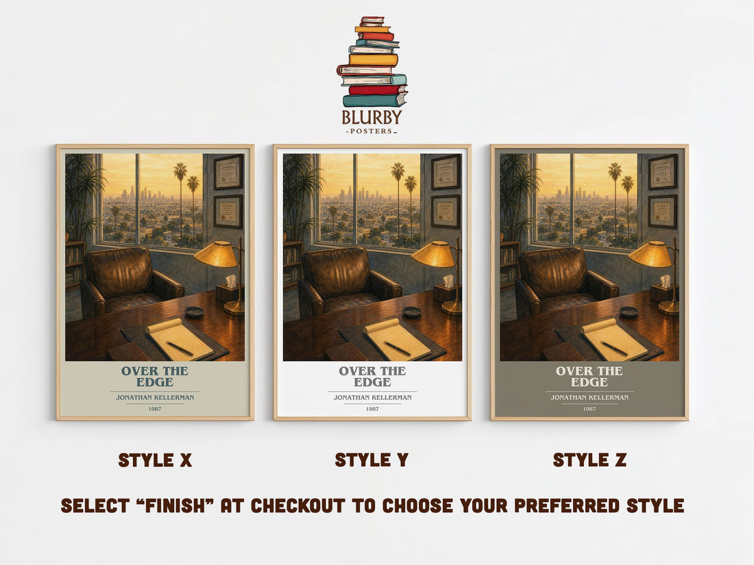 Over the Edge book cover print in frame leaning in hallway – thriller wall art (mockup)