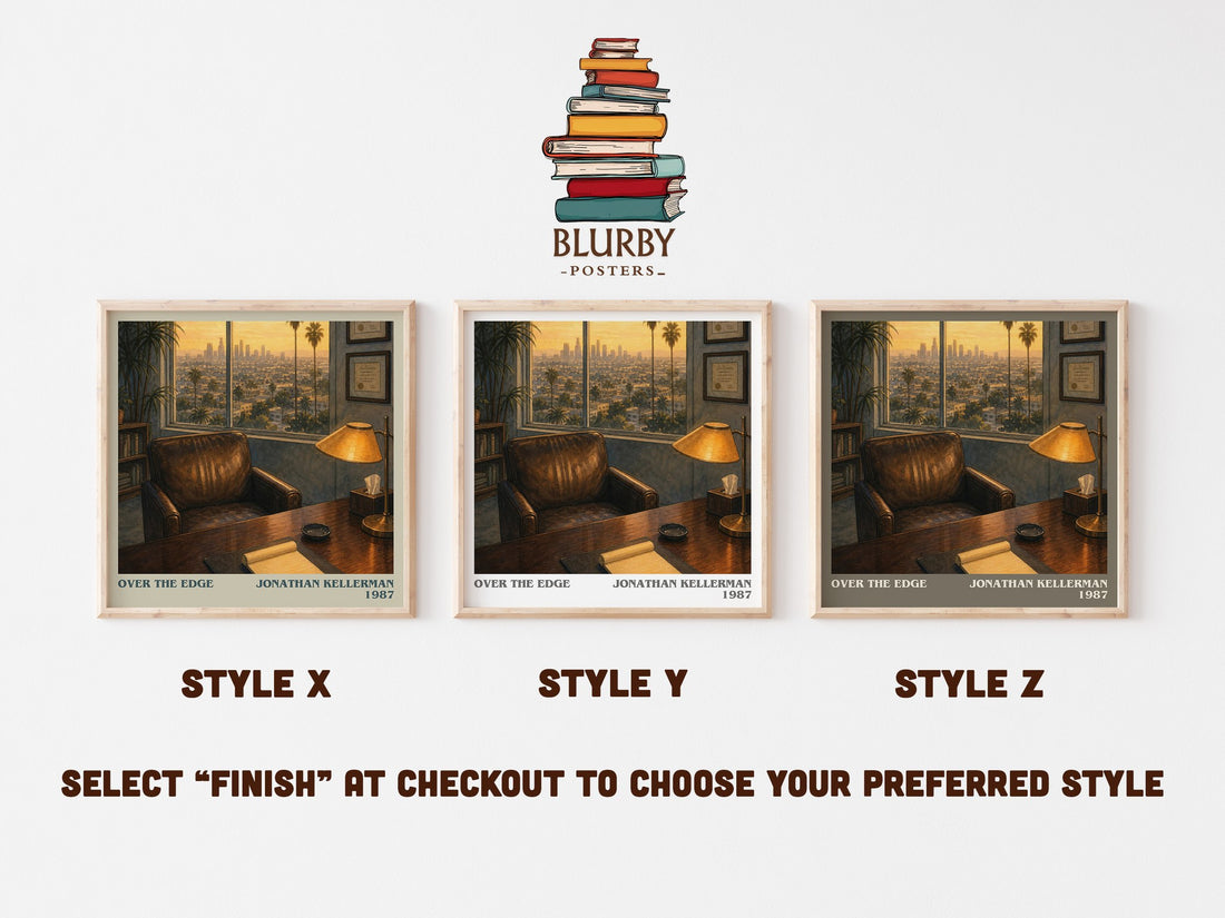 Over the Edge literary print in frame leaning in hallway – thriller wall art (mockup)