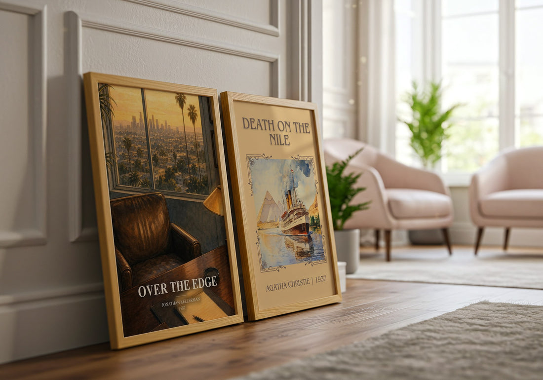 Over the Edge watercolour print framed by window – literary home decor