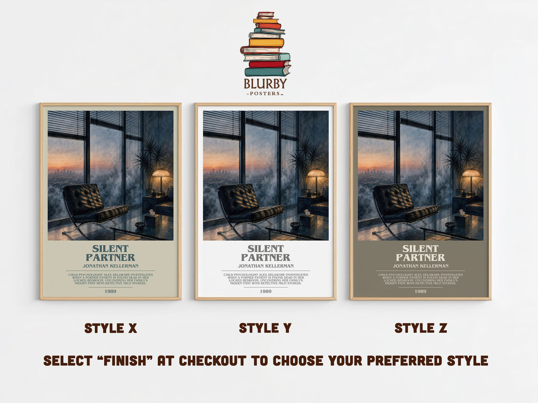 Silent Partner bookish print in frame leaning in hallway – thriller wall art (mockup)