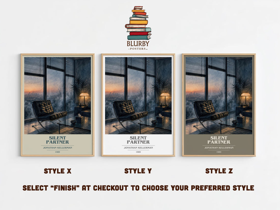 Silent Partner book cover print in frame leaning in hallway – thriller wall art (mockup)
