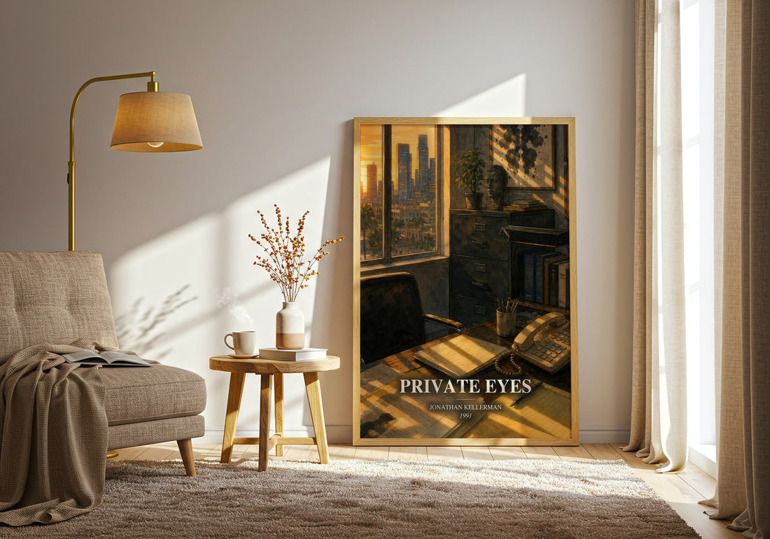 Private Eyes watercolour print in frame leaning in hallway – crime wall art (mockup)