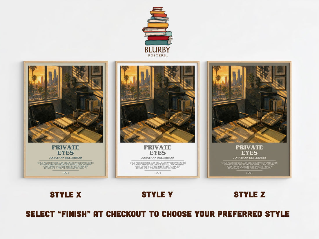 Private Eyes bookish print in frame leaning in hallway – crime wall art (mockup)