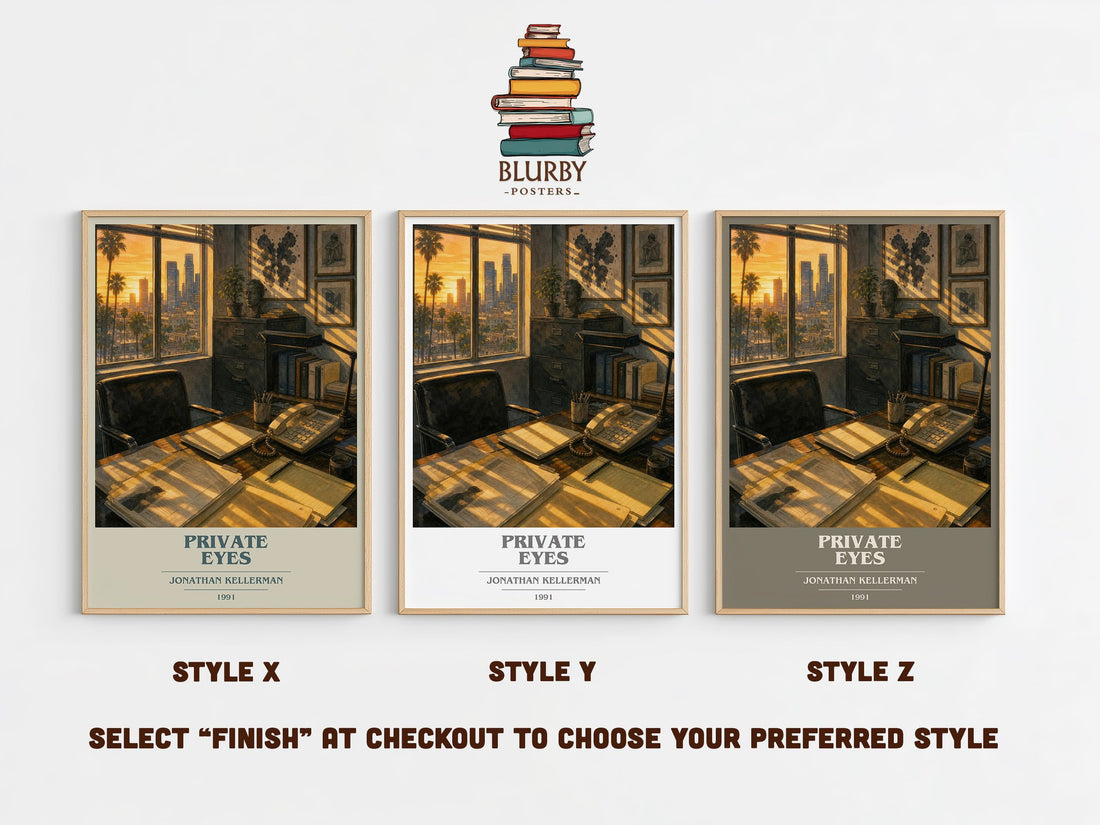 Private Eyes book cover print in frame leaning in hallway – crime wall art (mockup)