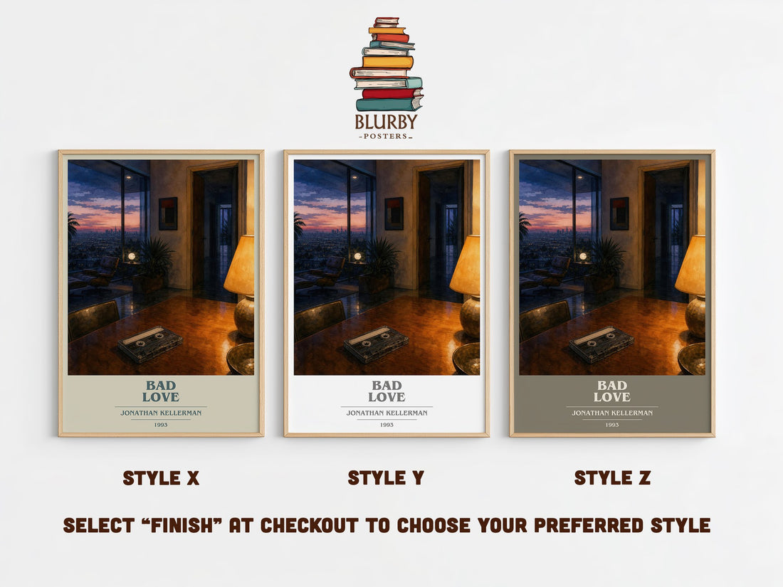 Bad Love book cover print in frame leaning in hallway – thriller wall art (mockup)