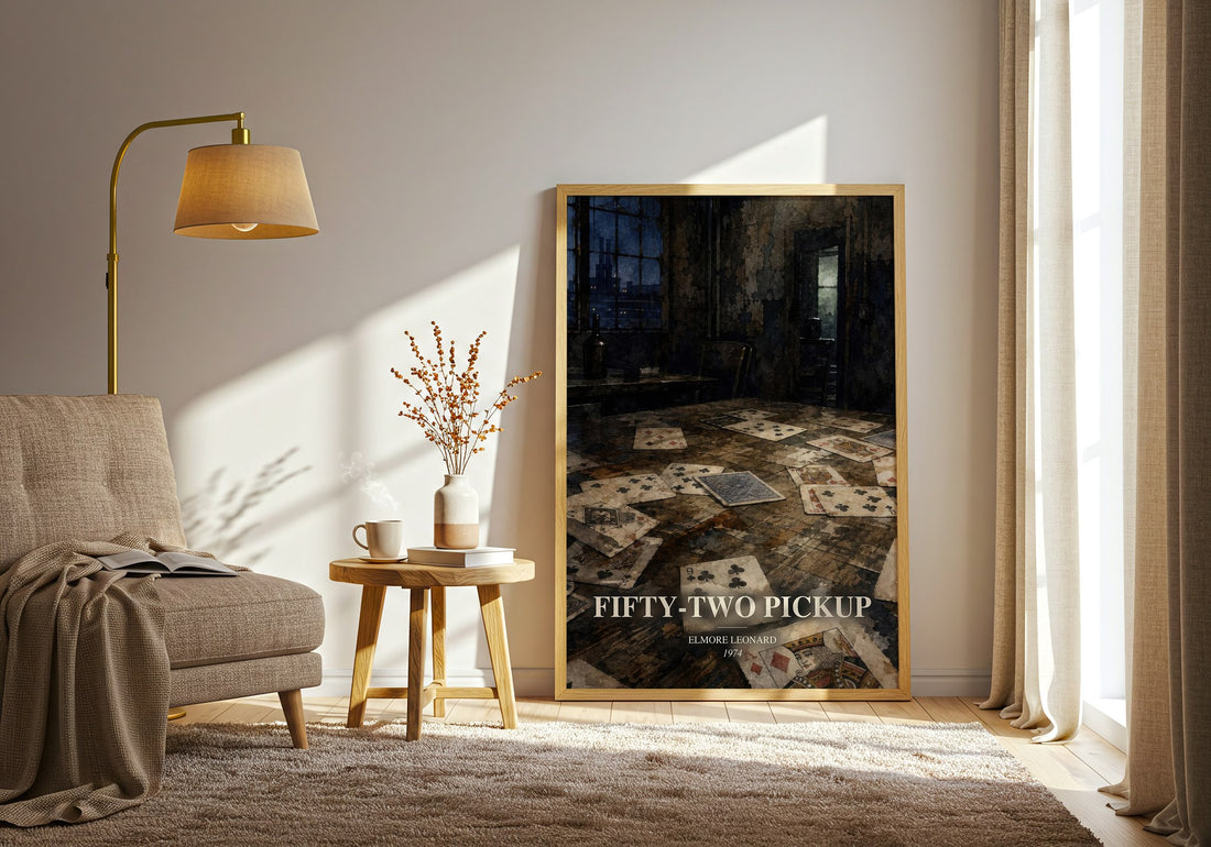 Fifty-Two Pickup watercolour print in frame leaning in hallway – crime wall art (mockup)