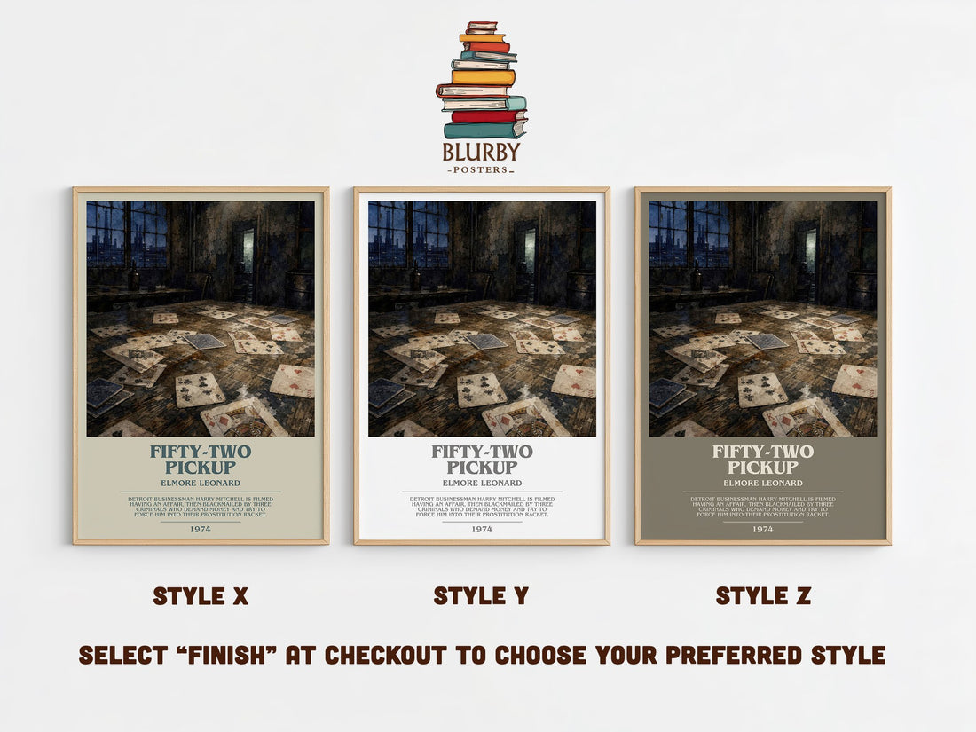 Fifty-Two Pickup bookish print in frame leaning in hallway – crime wall art (mockup)