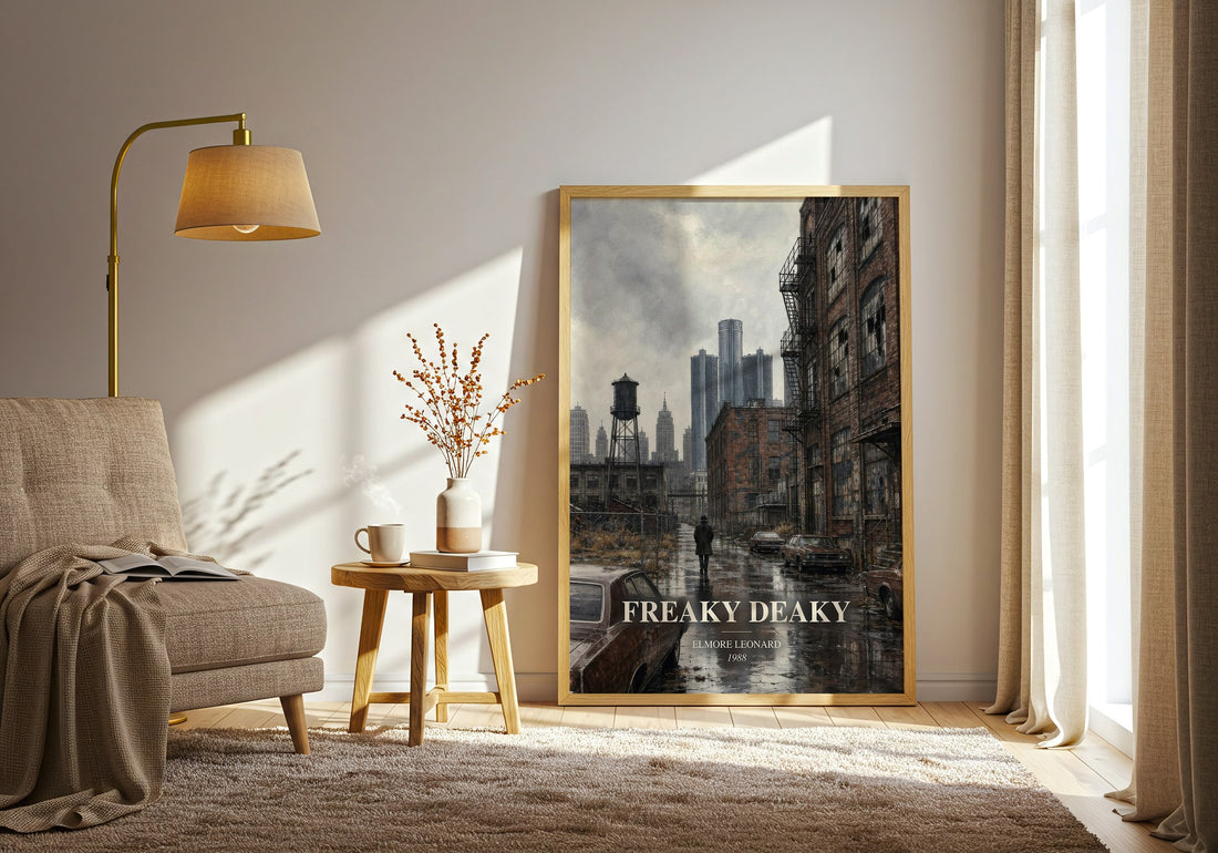Freaky Deaky watercolour print in frame leaning in hallway – crime wall art (mockup)