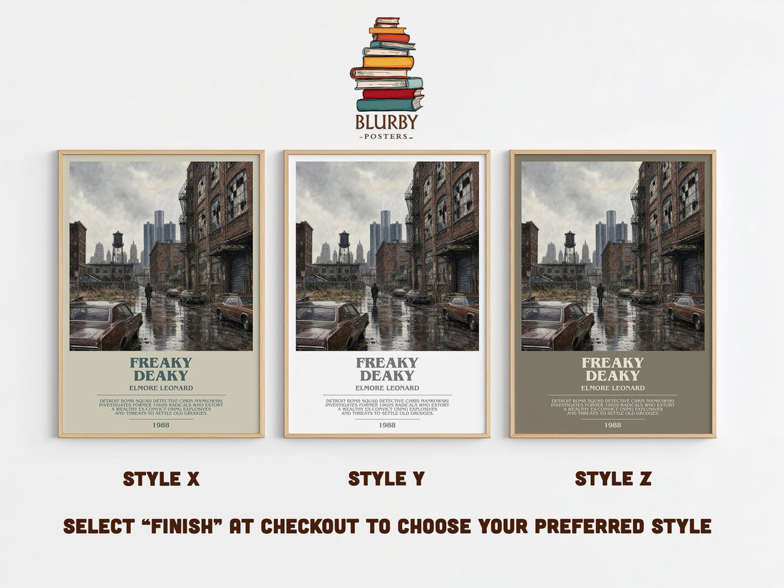 Freaky Deaky bookish print in frame leaning in hallway – crime wall art (mockup)