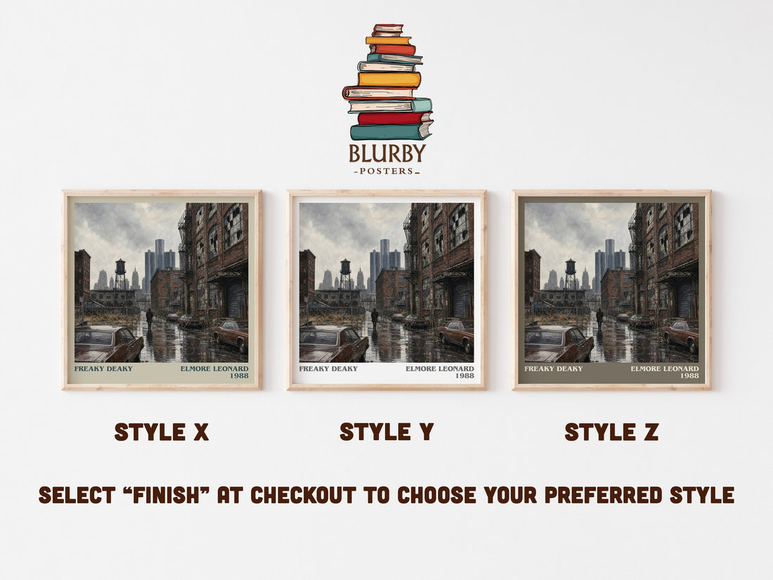 Freaky Deaky literary print in frame leaning in hallway – crime wall art (mockup)