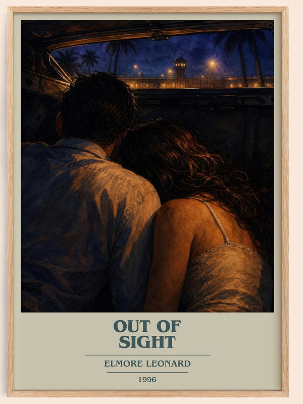 Out of Sight book cover book poster by Elmore Leonard – framed literary art print