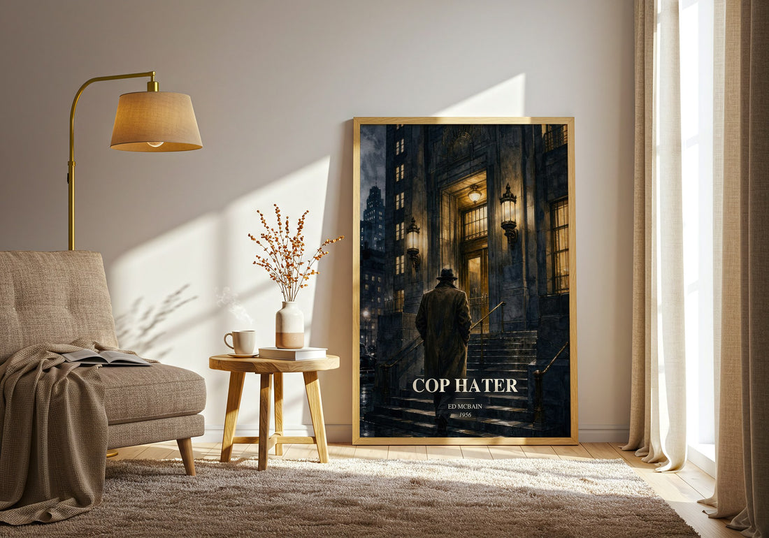 Cop Hater watercolour print in frame leaning in hallway – crime wall art (mockup)
