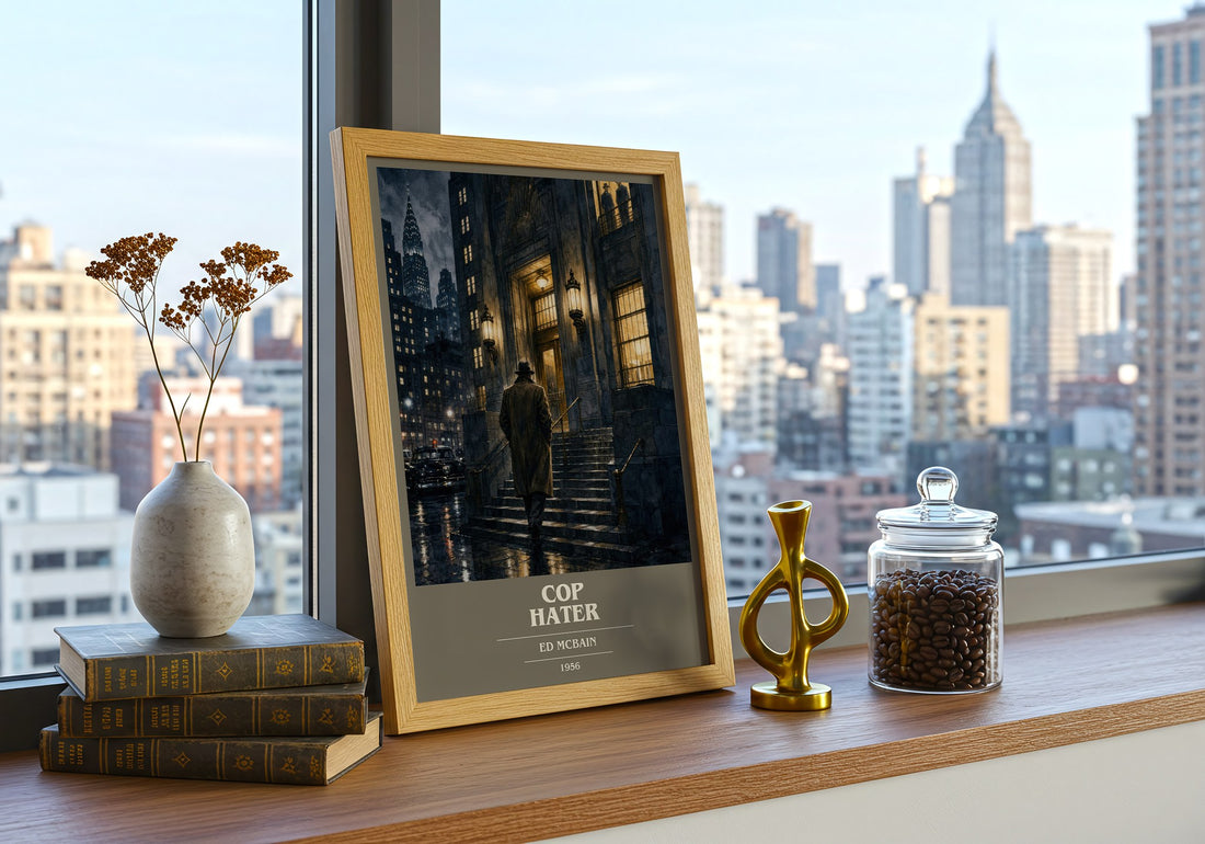 Cop Hater book cover print framed by window – literary home decor