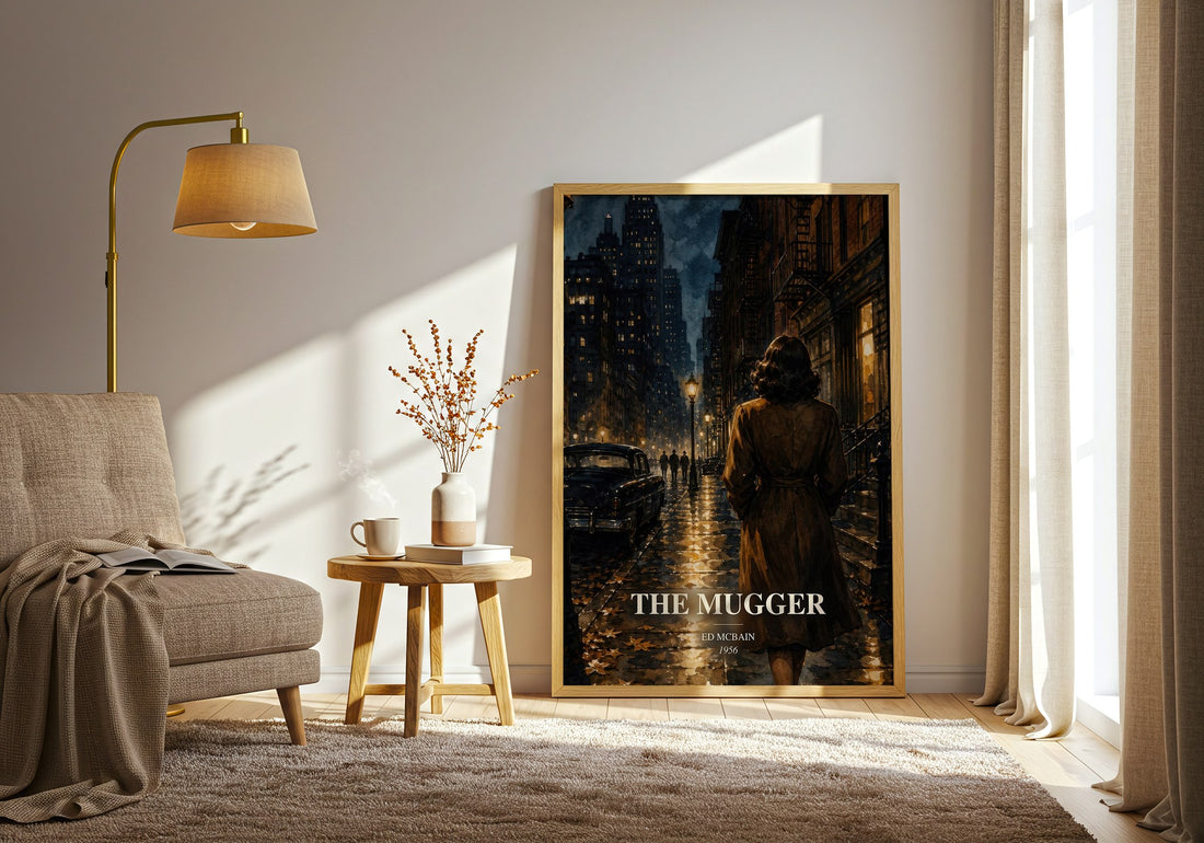 The Mugger watercolour print in frame leaning in hallway – crime wall art (mockup)