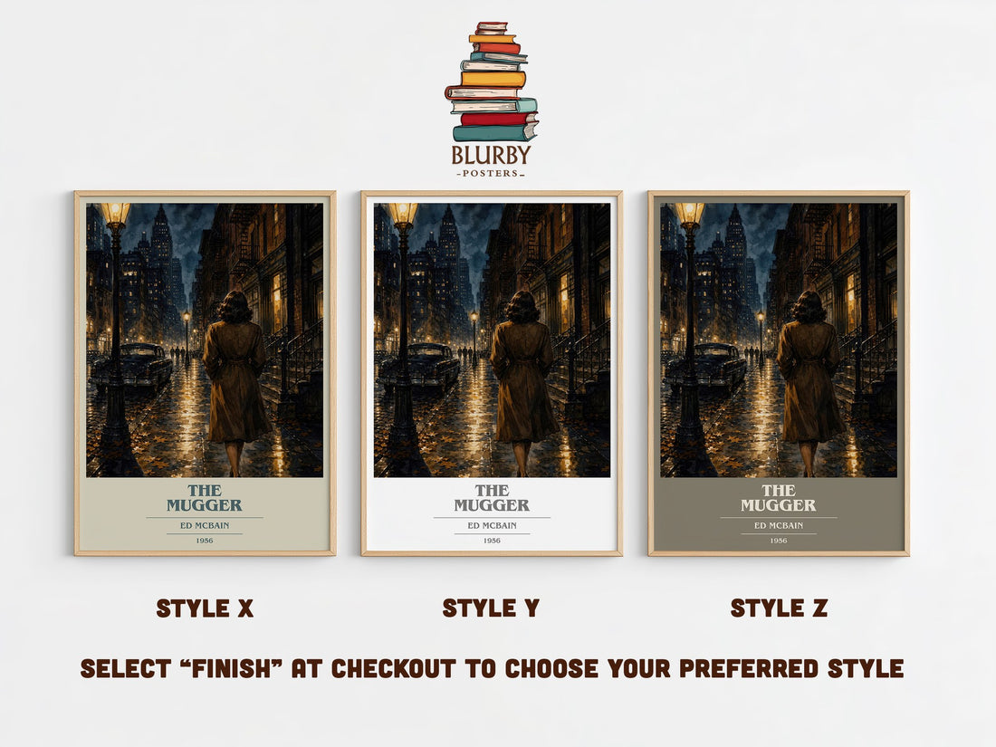 The Mugger book cover print in frame leaning in hallway – crime wall art (mockup)