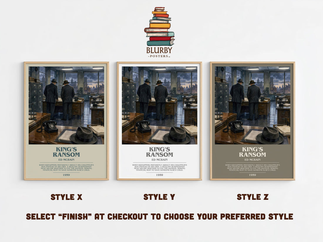 King's Ransom bookish print in frame leaning in hallway – crime wall art (mockup)