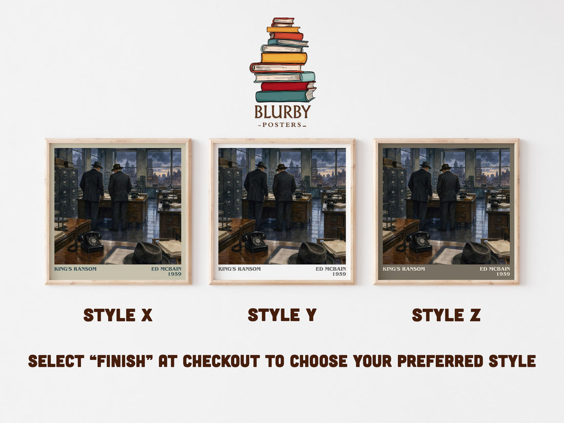 King's Ransom literary print in frame leaning in hallway – crime wall art (mockup)