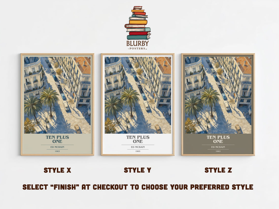 Ten Plus One book cover print in frame leaning in hallway – crime wall art (mockup)