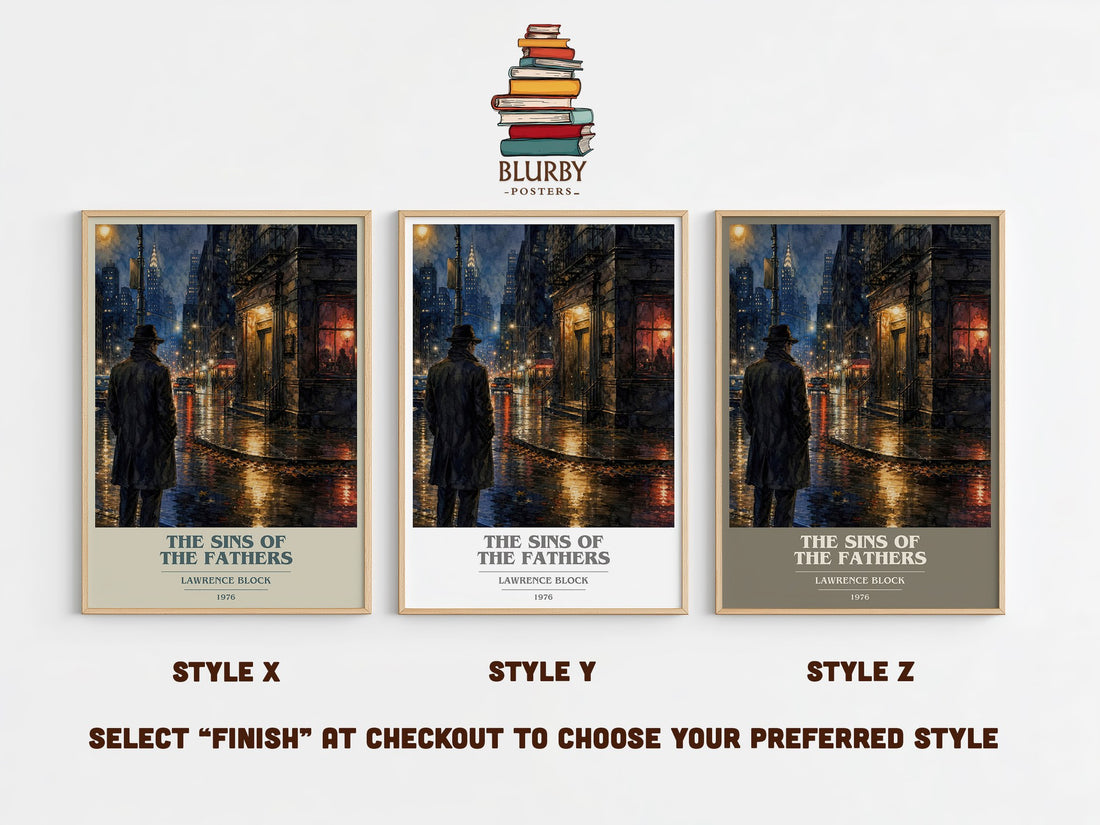 The Sins of the Fathers book cover print in frame leaning in hallway – crime wall art (mockup)