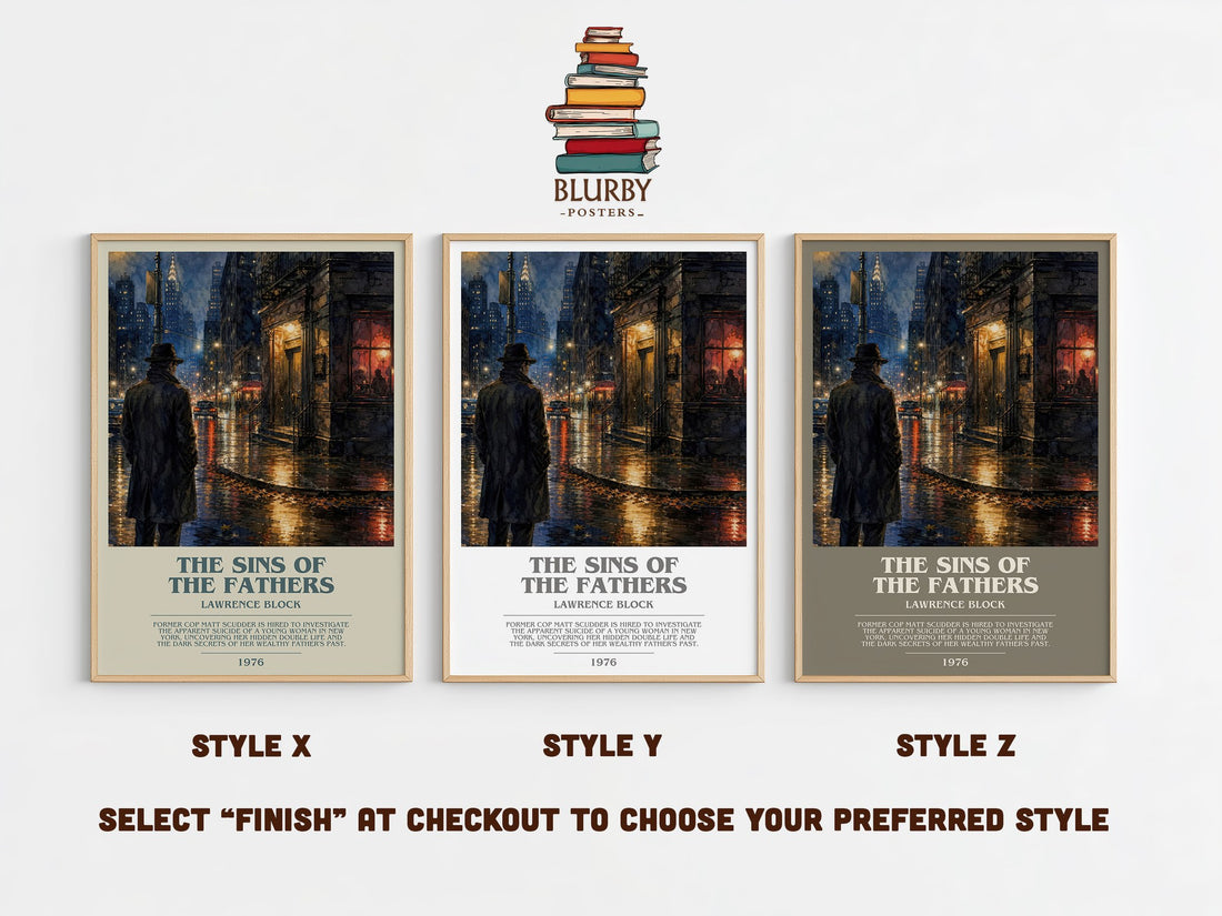 The Sins of the Fathers bookish print in frame leaning in hallway – crime wall art (mockup)